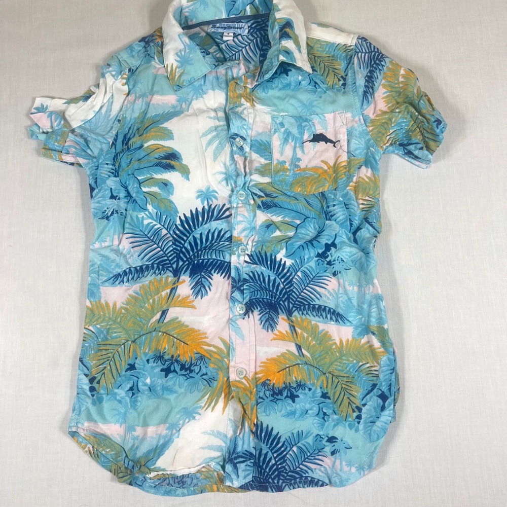 Tommy Bahama Boys Blue Tropical Palm Tree Print Short Sleeve Button Down Shirt 8